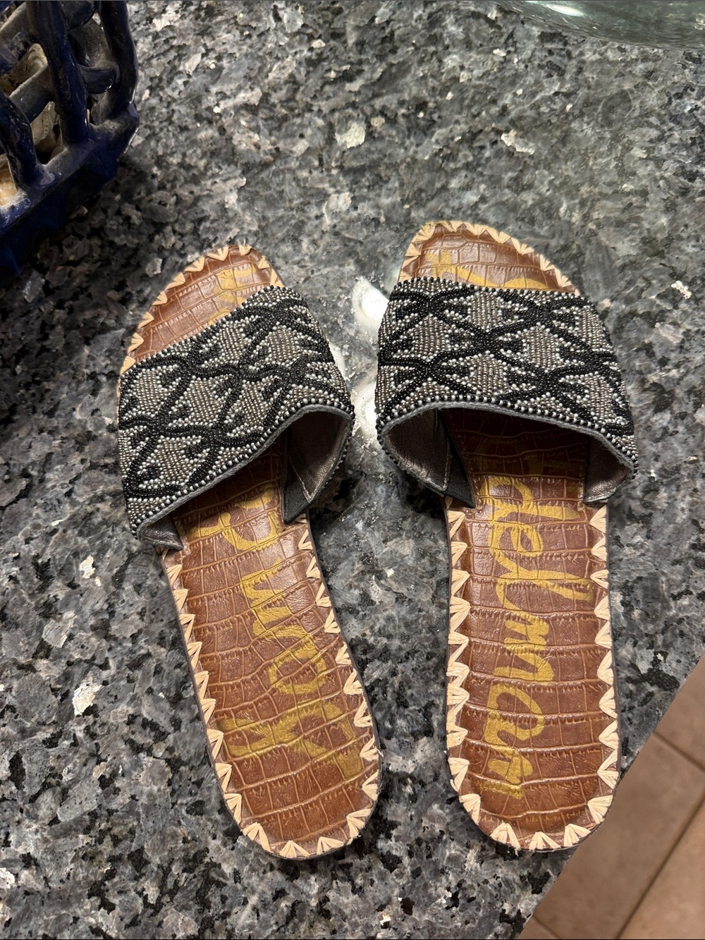 Sam Edelman Black Beaded Slide Sandals with Brown Croc-Print Footbed